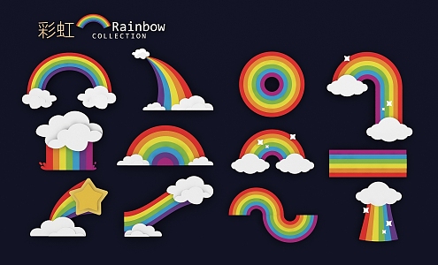 Rainbow clouds seven-color rainbow hand-painted cartoon illustration children's cute decorative elements 3d model