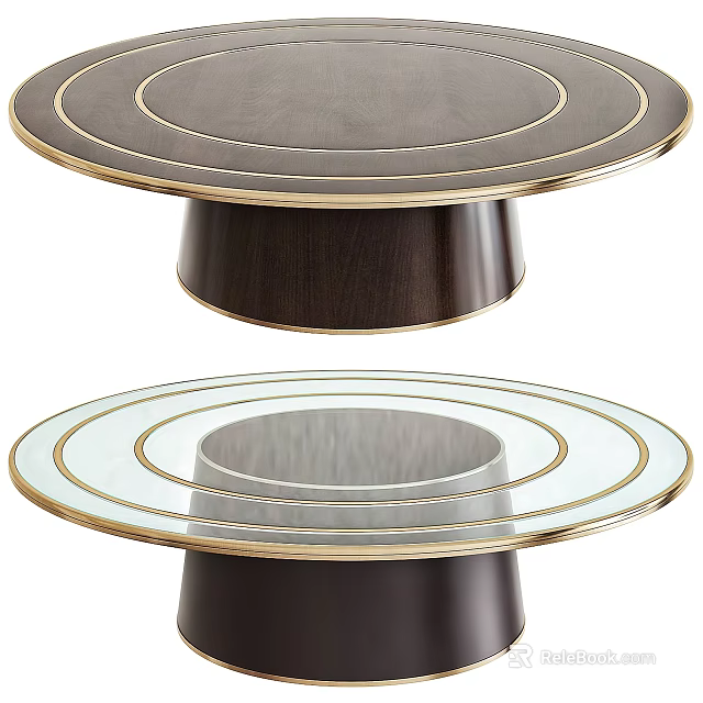Modern Circular Dining Table With Glass Top Gold Trim And Dark Wooden Base 3d model 
