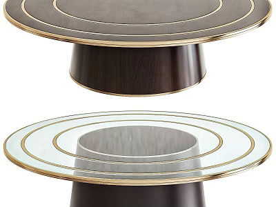 Modern Circular Dining Table With Glass Top Gold Trim And Dark Wooden Base 3d model
