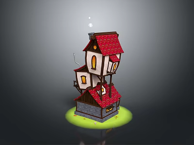 Cute 3D Model House with Red Roof White Walls Multiple Windows on Green Grass Base 3d model