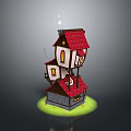Cute 3D Model House with Red Roof White Walls Multiple Windows on Green Grass Base
