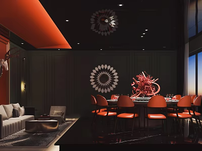 Modern Private Room Interior Design With Orange Chairs Dark Walls And Artwork Chandelier 3d model