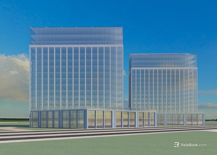 Modern Office Buildings With Glass Facade And Blue Sky Background Green Lawn 3d model 