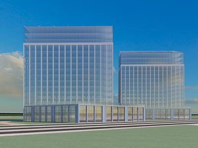 Modern Office Buildings With Glass Facade And Blue Sky Background Green Lawn 3d model