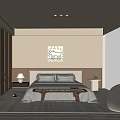 Modern Minimalist Bedroom Interior With Wooden Beige Headboard Bed Checkered Pillows And Abstract Artwork