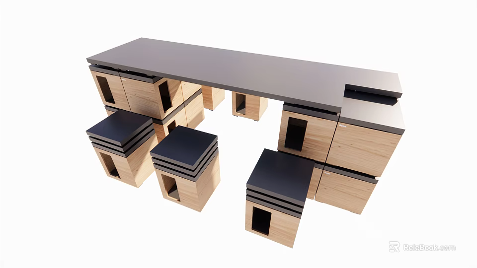 Modern Wooden Table and Chair Set With Black Tops and Minimalist Design 3d model 