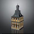 Yellow Building With Multiple Stories White Framed Windows Dark Roof And Tower On Top
