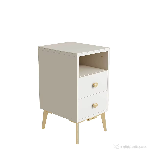 White Bedside Table With Two Drawers Gold Knobs And Wooden Legs 3d model