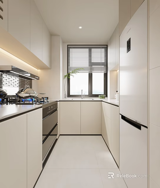Modern Kitchen Interior Design With White Cabinets Stove Range Hood And Refrigerator 3d model 