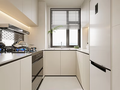 Modern Kitchen Interior Design With White Cabinets Stove Range Hood And Refrigerator 3d model