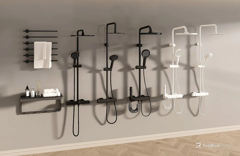 Wall Mounted Black and White Shower Heads with Towel Racks and Bathroom Accessories 3d model 
