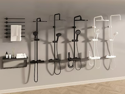 Wall Mounted Black and White Shower Heads with Towel Racks and Bathroom Accessories 3d model
