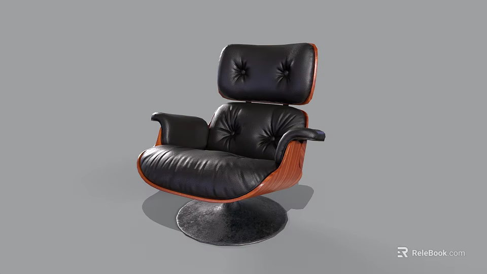 Classic Black Leather Single Chair With Wooden Arms And Round Base Tufted Design 3d model 