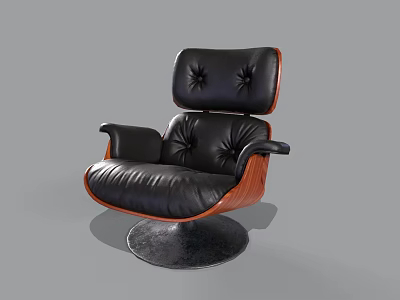 Classic Black Leather Single Chair With Wooden Arms And Round Base Tufted Design 3d model