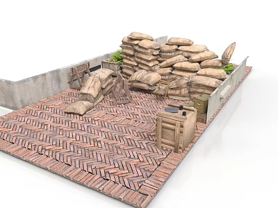 Outdoor Tactical Setup With Stacked Sandbags Herringbone Brick Floor Green Plants And Wooden Crates 3d model