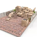 Outdoor Tactical Setup With Stacked Sandbags Herringbone Brick Floor Green Plants And Wooden Crates