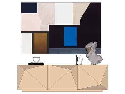 Modern Interior Decor With Geometric Cabinet Abstract Painting Sculptures And Cup 3d model