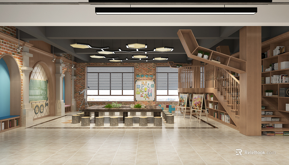 Kindergarten Bright Interior With Wooden Staircase Large Windows Tables Easels And Bookshelves 3d model 