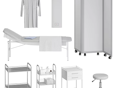 SPA Salon Decorative Ornament Set With Treatment Bed Cabinet Shelf And Stool 3d model