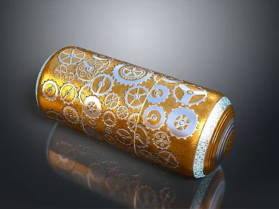 Golden Cylindrical Daily Necessities With Shiny Surface And Intricate Gear Patterns Design 3d model