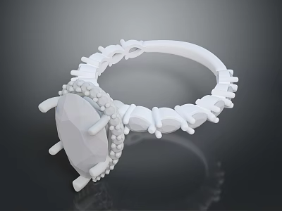 White Decorative Ring With Large Gemstone And Beaded Ornate Band 3d model