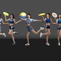 Energetic Women Jumping Holding Colorful Frisbees In Sportswear On Dark Reflective Floor 3d model