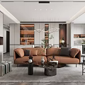 Modern Living Dining Room Interior Design With Brown Sofa Coffee Table And Decorative Lighting 3d model