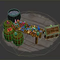 Wooden Table On Stone Floor With Cauldron Barrels Chest Bottles Jars And Tools