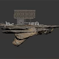 3D Scenery Model Platform With Rocky Terrain And Building Structures
