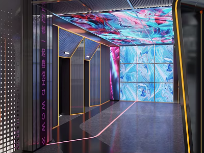 Modern Shopping Mall Lobby With Elevators Colorful Ceiling Blue Pink Wall Decor Neon Light Strips 3d model