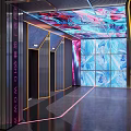 Modern Shopping Mall Lobby With Elevators Colorful Ceiling Blue Pink Wall Decor Neon Light Strips