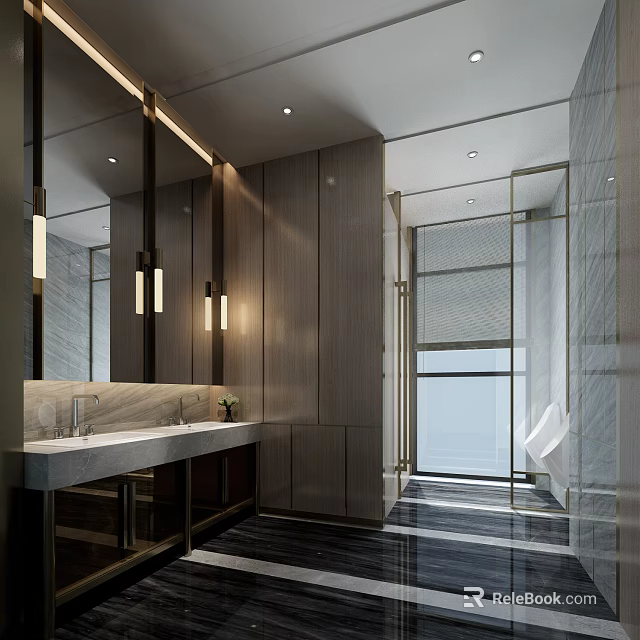 Modern Public Restroom Interior With Marble Countertop Large Mirror Wall-Mounted Lights And Glass Partition 3d model 