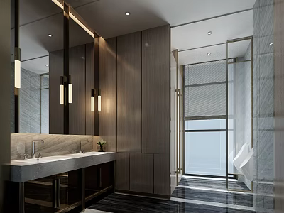 Modern Public Restroom Interior With Marble Countertop Large Mirror Wall-Mounted Lights And Glass Partition 3d model