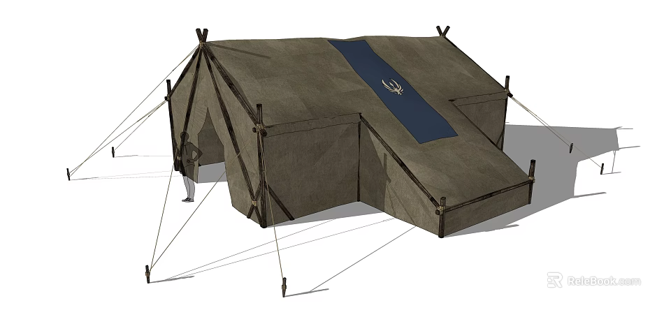 Traditional Canvas Camping Tent With Support Poles Guy Ropes And Blue Emblem Panel 3d model 