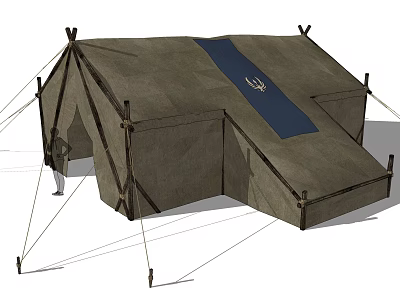 Traditional Canvas Camping Tent With Support Poles Guy Ropes And Blue Emblem Panel 3d model