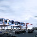 Modern Commercial Street With Contemporary Architecture Glass Facades Pedestrians Cars Street Lamps And Trees