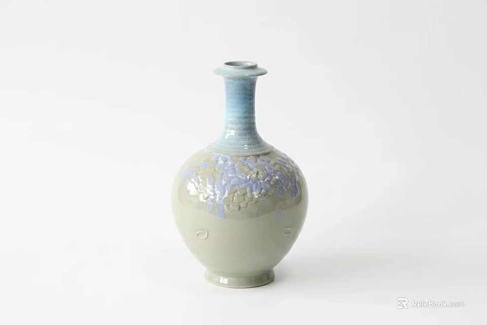 Elegant Ceramic Vase with Light Gray Blue Glaze and Hand Painted Floral Patterns 3d model 