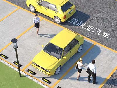 Yellow Lancia Cars Parked In Parking Lot With People Walking Nearby 3d model