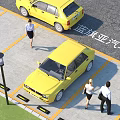 Yellow Lancia Cars Parked In Parking Lot With People Walking Nearby