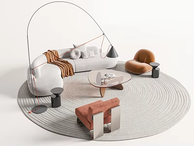 Modern Minimalist Sofa And Coffee Table Set With Round Rug Accent Chairs And Decor 3d model