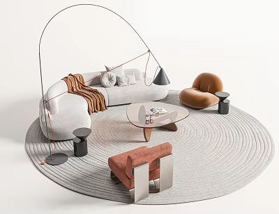 Modern Minimalist Sofa And Coffee Table Set With Round Rug Accent Chairs And Decor 3d model