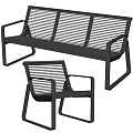 Black Metal Outdoor Chairs with Slatted Design Bench and Armchair for Patio