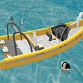Yellow Inflatable Yacht in Shallow Water with Woman On Board and Person Diving Swimming 3d model