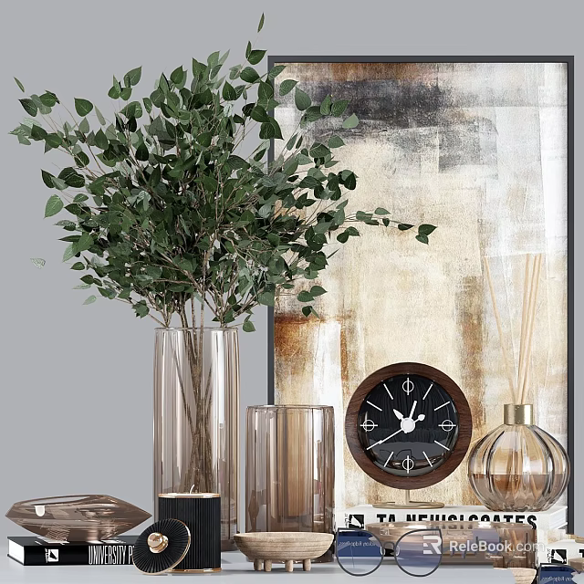 Elegant Decorative Ornament Set Featuring Green Foliage Clear Glass Vase Clock And Fragrance Bottle 3d model 