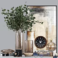 Elegant Decorative Ornament Set Featuring Green Foliage Clear Glass Vase Clock And Fragrance Bottle