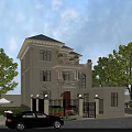 Elegant Detached Villa With Light-colored Exterior Dark Roof Stone Steps Front Yard Greenery And Trees