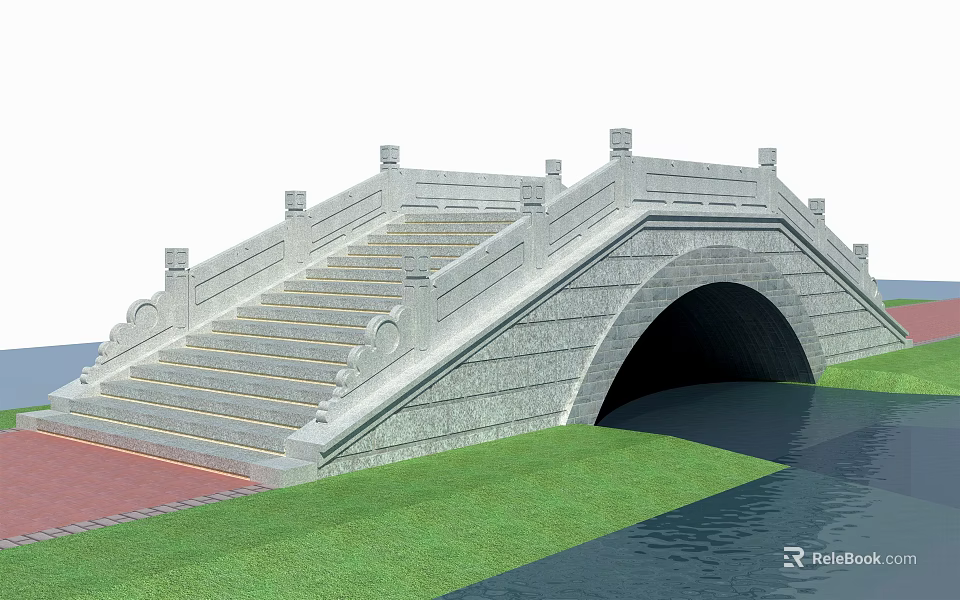 Traditional Stone Arch Bridge With Ornate Railings Stone Steps Green Grass And Water Below 3d model 