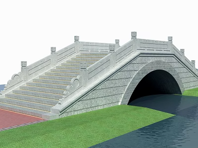 Traditional Stone Arch Bridge With Ornate Railings Stone Steps Green Grass And Water Below 3d model