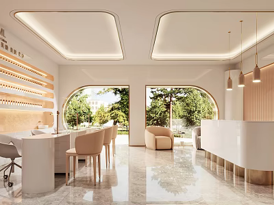 Modern Beauty Hair Salon Interior With Reception Area Comfortable Chairs Soft Lighting And Marble Floor 3d model