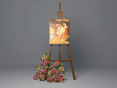 Wooden Easel With Colorful Painting And Fresh Flower Bouquet For Home Decor 3d model